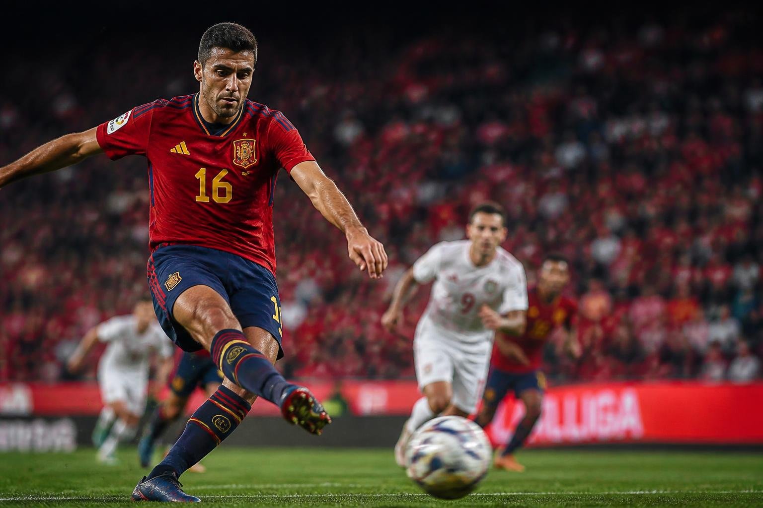 Jugador de fútbol español rematando a portería durante un partido de LALIGA